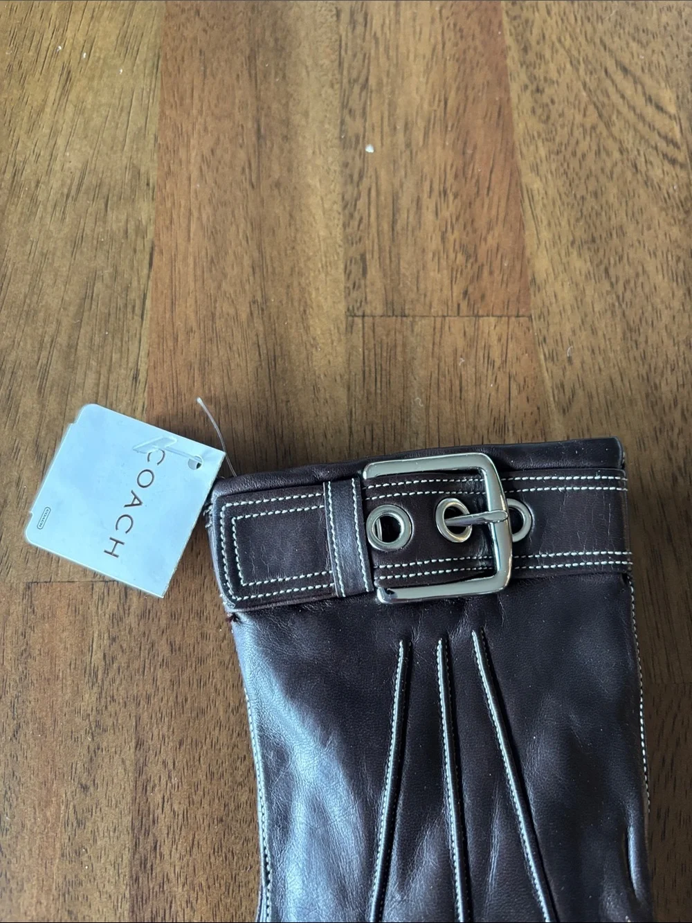 Coach Dark Brown Leather Women's Gloves with Buckle Detail